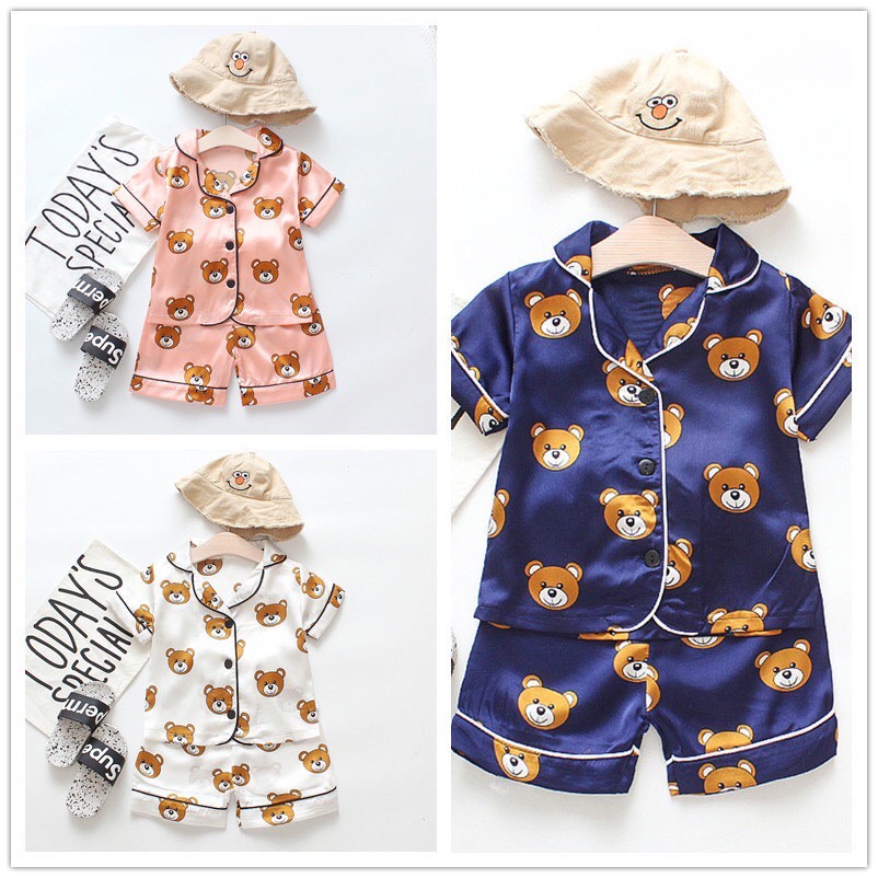 Bộ Ngủ Cộc Tay Trẻ Em Từ 6-27Kg, Đồ Bộ Pijama Cộc Tay Chất Lụa In Hình Gấu Cực Yêu Cho Bé Trai Bé Gái