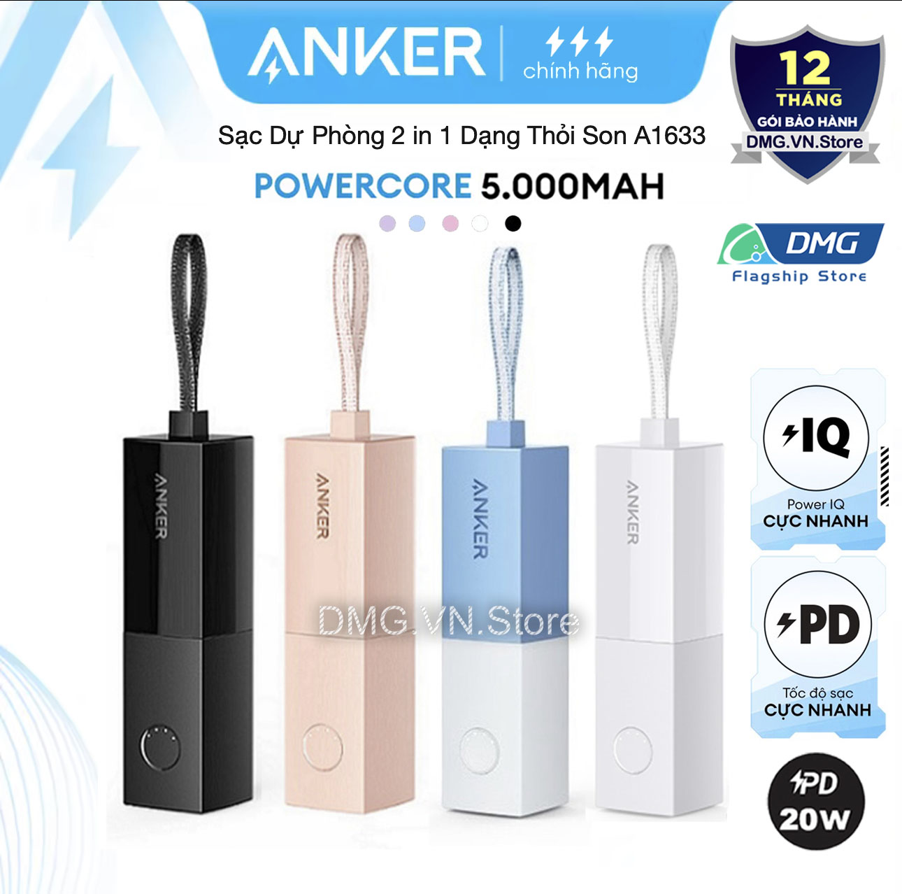 Sạc dự phòng kiêm củ sạc 2 in 1 Anker A1633 PD 20W 5000mAh,1 Cổng Type C Sạc Nhanh 20W,Cho iPhone 15 Pro Max 14 Pro 13 Plus 12 Pro 11 Xs 8P 8 iPad vv