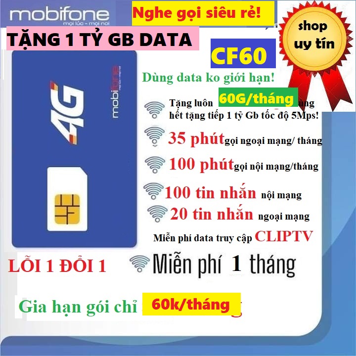 Sim 4G Mobifone 60G tốc độ cao,135 phút gọi, sim nghe gọi siêu rẻ , CF60 , dùng toàn quốc- Hàng chính hãng