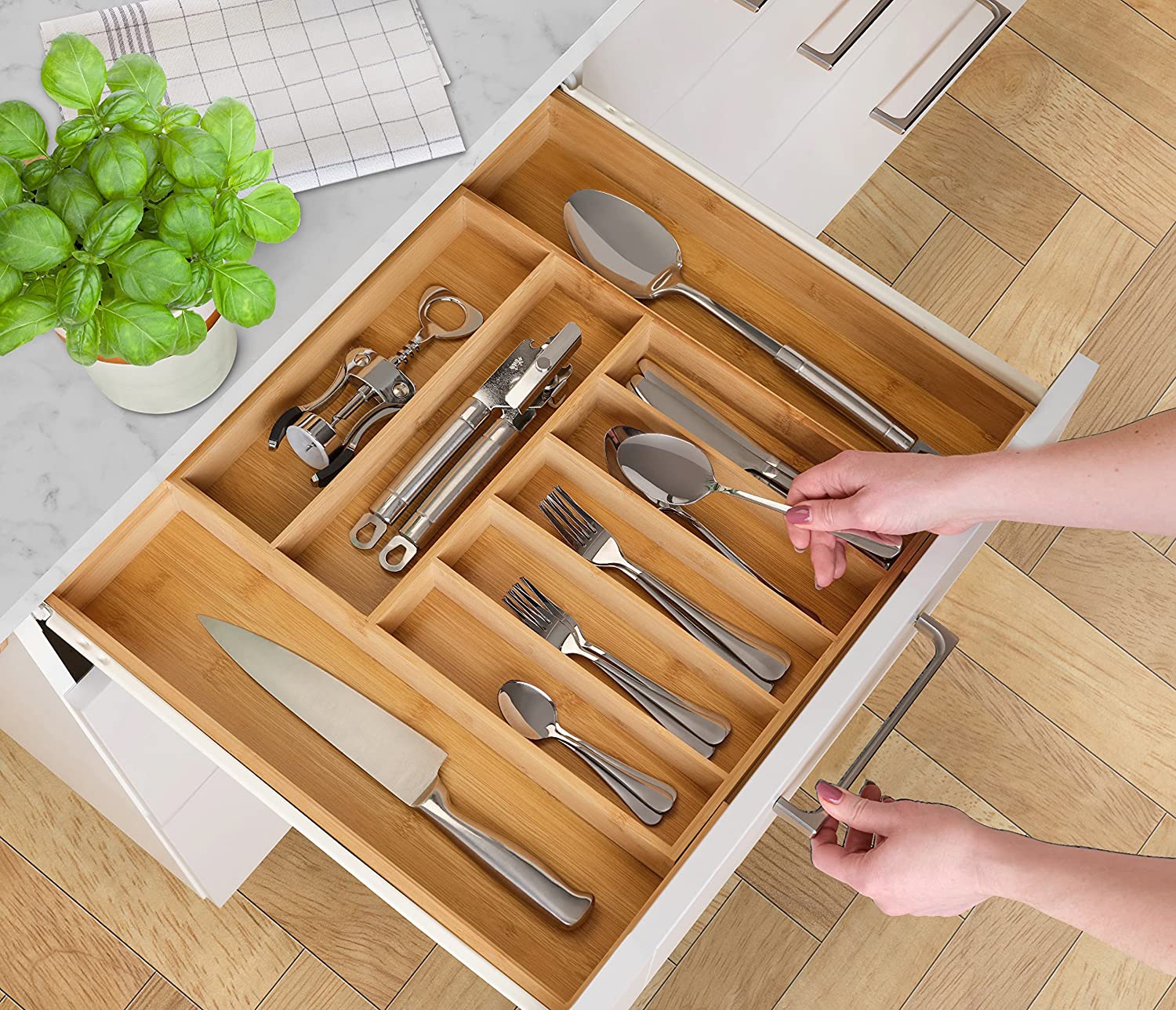 Khay gỗ tre đựng đồ chia ngăn kéo tủ bếp đựng muỗng đũa thìa dĩa