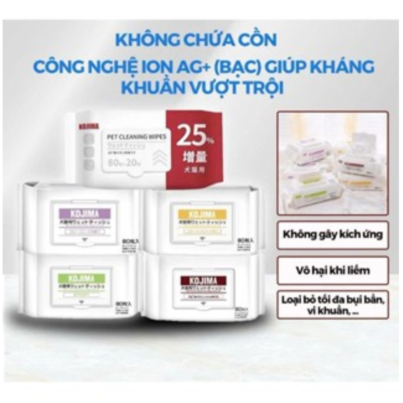 Khăn vải ướt kháng khuẩn lau toàn thân cho thú cưng KOJIMA vệ sinh chó mèo bịch lớn dến từ Nhật bản 100 miếng