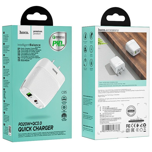 Cóc Sạc Nhanh Hoco C80 20W PD + QC 3.0 Tiêu Chuẩn Châu Âu - Sạc Siêu Nhanh -Vật Liệu Chống Cháy - BH 1 Năm