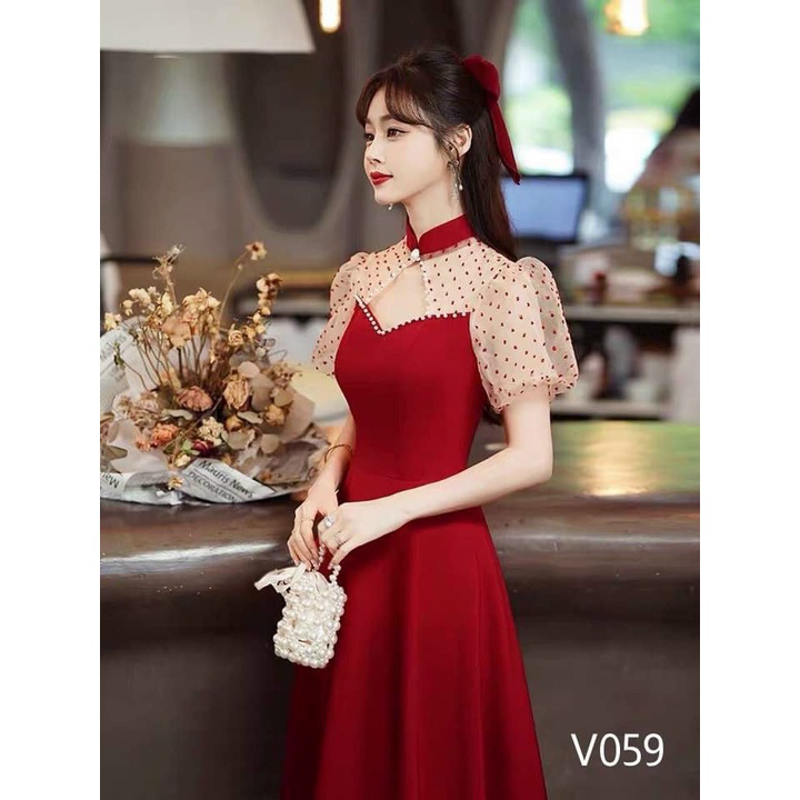 Váy đầm thời trang nữ sang chảnh dự tiệc chất nhung cổ tròn tay ngắn phối voan bi dáng xòe maxi tạo điểm nhấn dễ thương