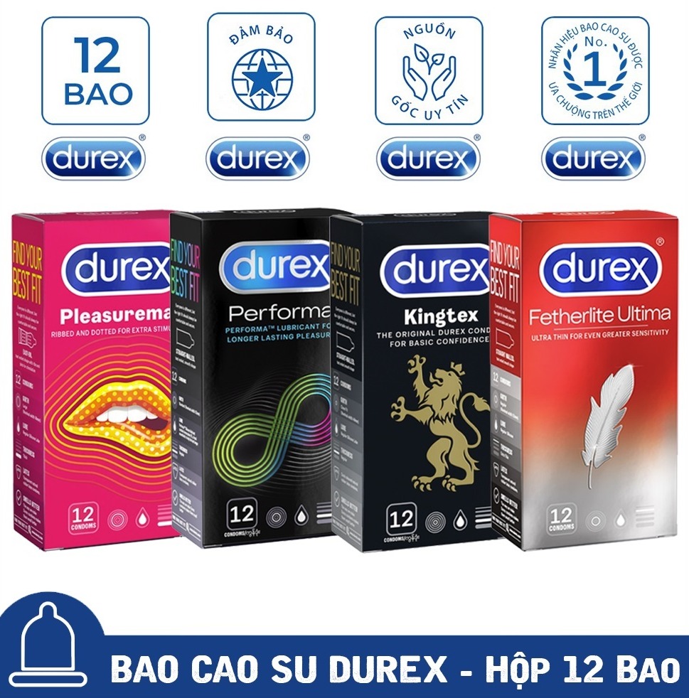 4 Hộp Bao cao su nam nữ Durex Pleasuremax gân gai + Performa kéo dài  + Kingtex size cỡ nhỏ + Fetherlite Ultima siêu mỏng [Che tên SP 100%]
