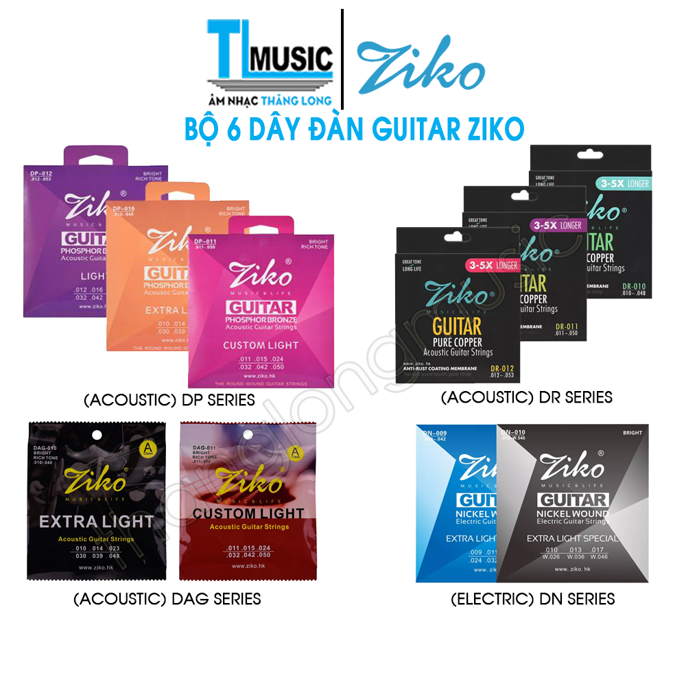 Chính Hãng Bộ 6 Dây Đàn Guitar Acoustic, Classic, Electric Ziko DAG010 DAG011 DP010 DP011 DP012 DR010 DR011 DR012 DN009 DN010 - Thăng Long Music