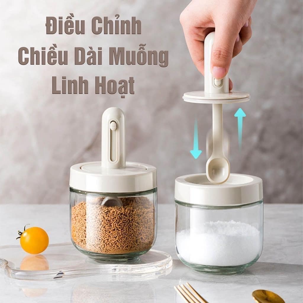 Combo 2 Hũ đựng gia vị, lọ đựng gia vị thủy tinh kèm muỗng có thể điều chỉnh độ dài của thìa