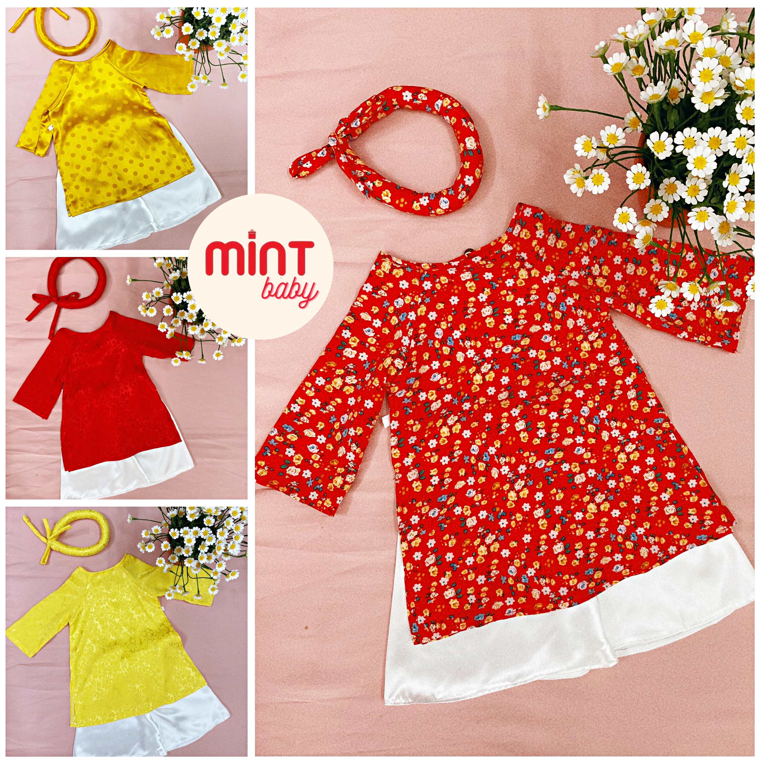 Set Áo dài bé gái, áo dài em bé gấm lụa Mint Baby kèm quần, kèm mấn trọn bộ hoa nhí xinh xắn