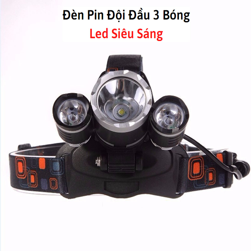 Đèn pin đội đầu siêu sáng 3 bóng với 4 chế độ, độ sáng mạnh cự li sáng cực xa kèm 2 pin sạc và dây sạc đèn pin đeo đầu chống nước, , dây đeo chắc chắn