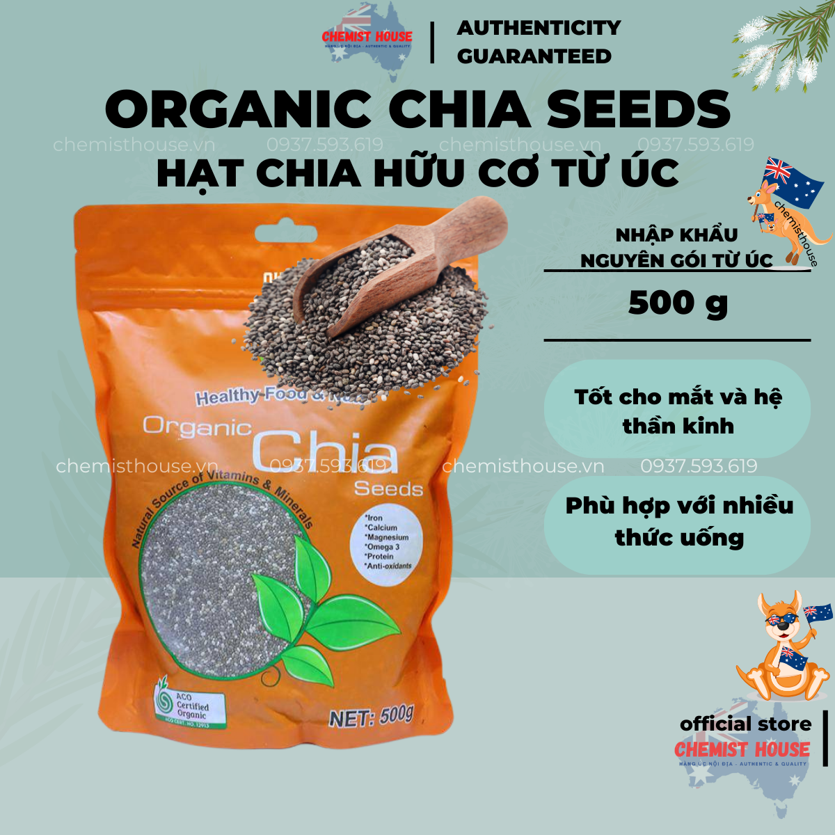 Hạt Chia Healthy Nuts & Seeds Organic Chia Seeds 500g nhập full bịch từ Úc