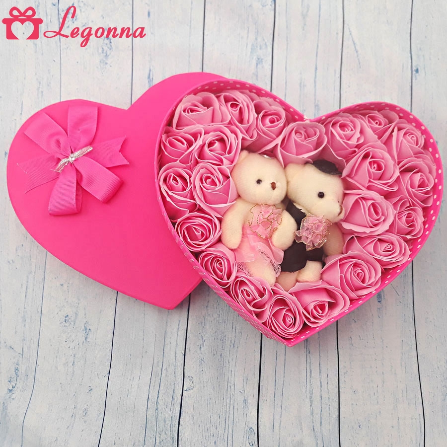 Quà tặng giáng sinh, sinh nhật cho bạn gái, vợ - hoa hồng sáp hộp tim 2 gấu, màu hồng - H2H