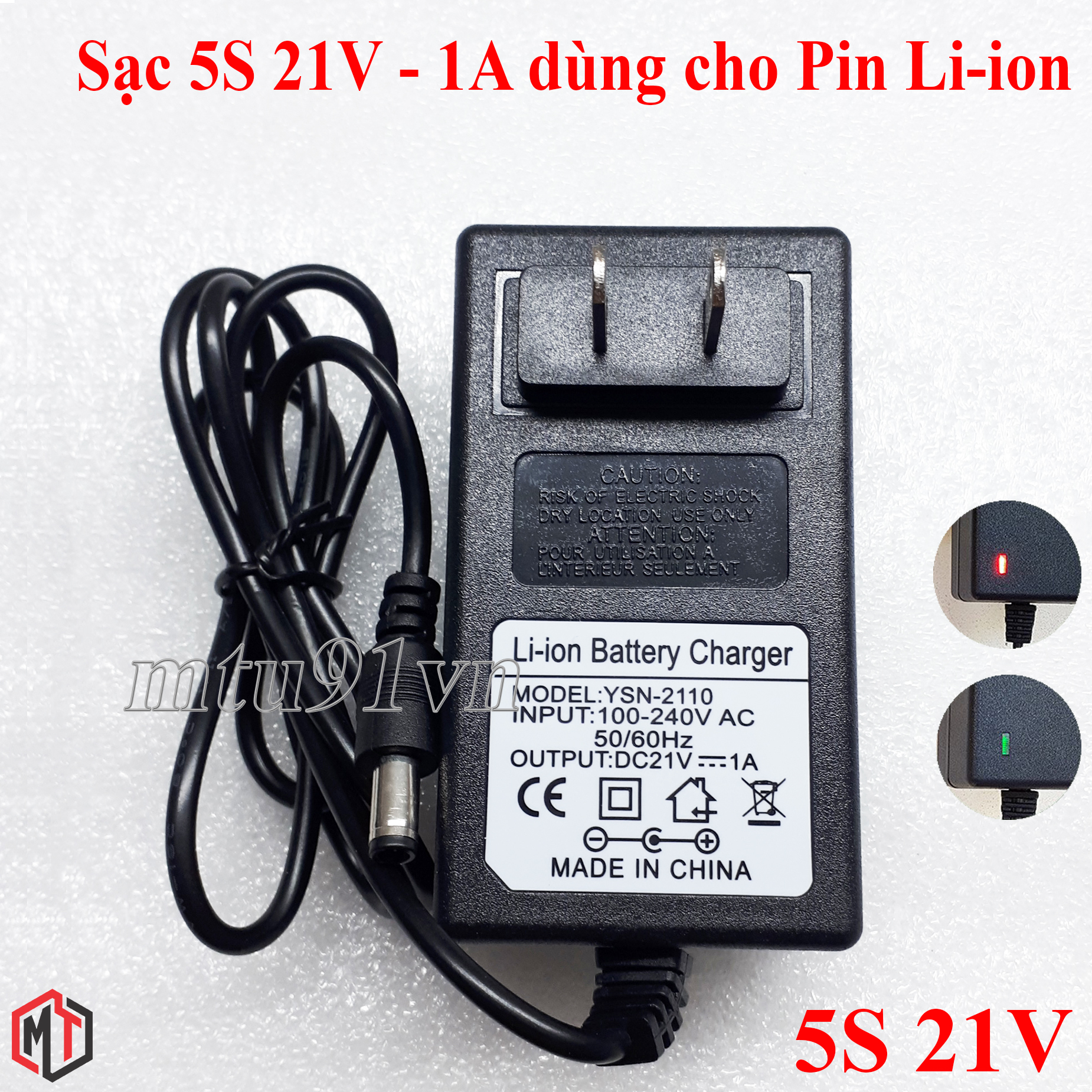 Sạc 5S 21V - 1A dùng cho Pin Li-ion (Lithium-ion) , Có Đèn Báo Đầy Pin