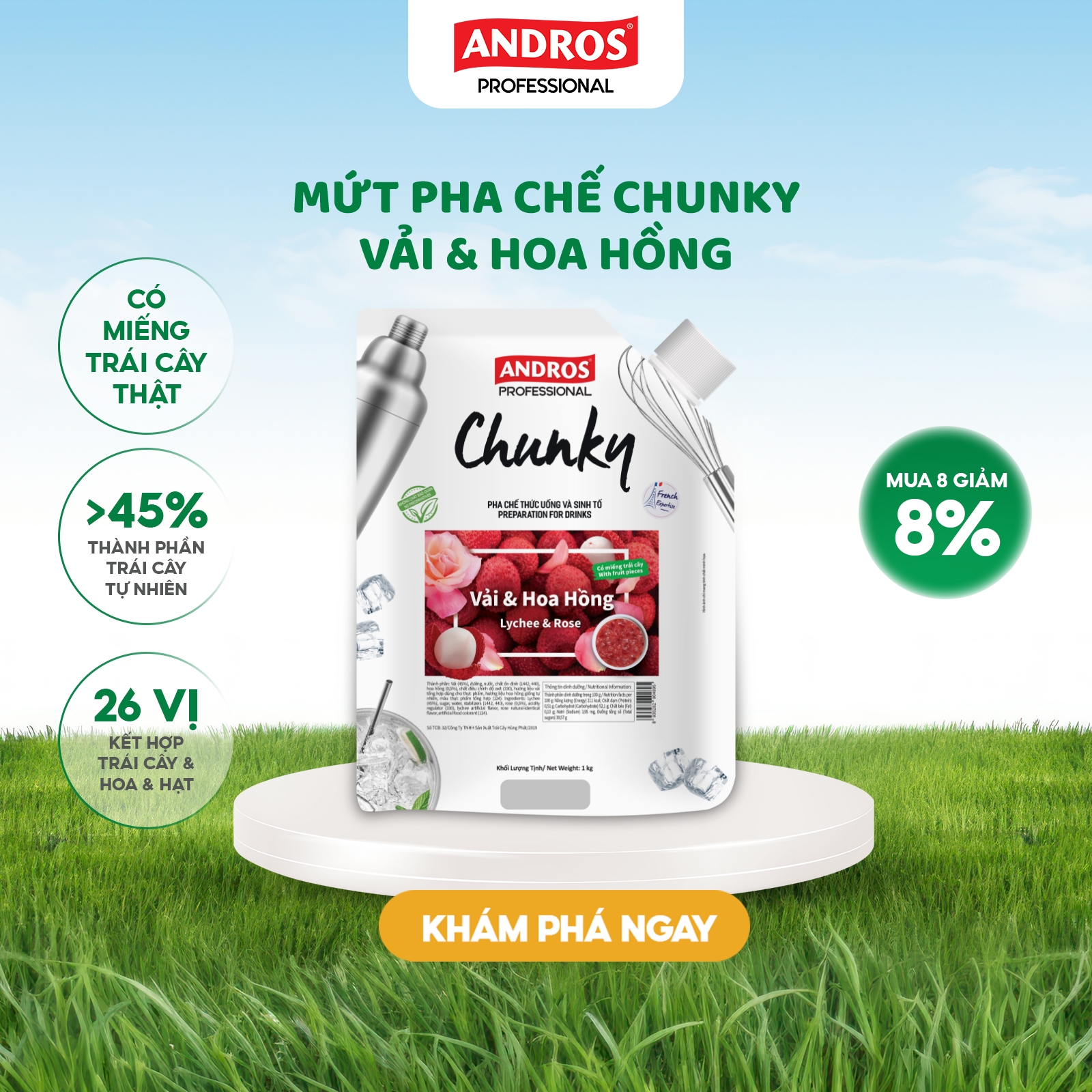 Mứt Pha Chế Vải & Hoa hồng - Có miếng trái cây thật - Nguyên liệu pha chế - ANDROS CHUNKY - 1kg
