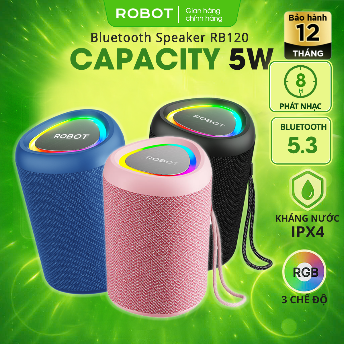  mẫu mới về Robot Loa bluetooth Mini công suất 5W chống nước đèn Led RGB hỗ trợ kết nối thẻ nhớ RB120 