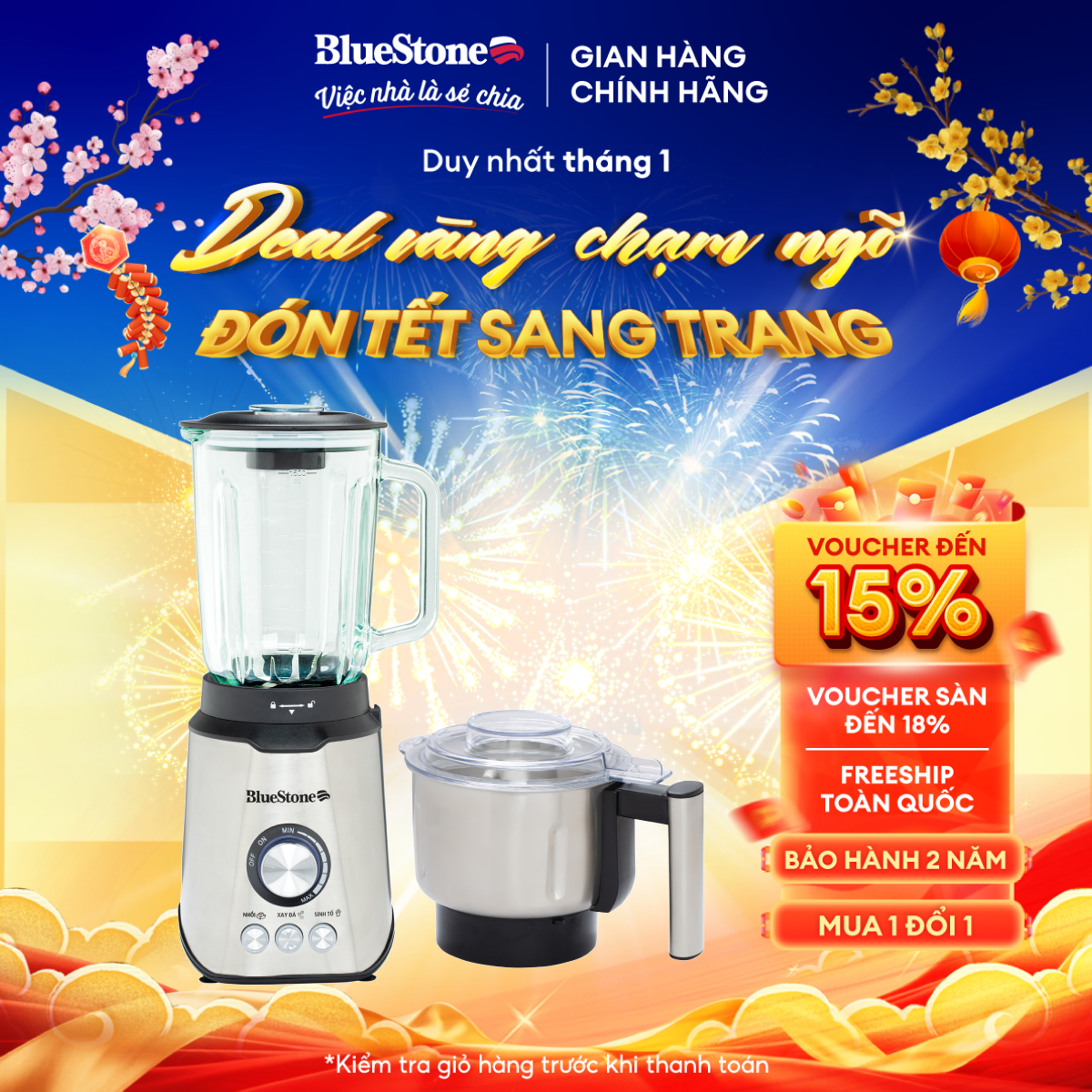 Máy Xay Sinh Tố Đa Năng BlueStone BLB-5339 - Công suất 800W - Dung tích 1,5 lít - Thân máy thép không gỉ - Lưỡi dao răng cưa 6 cánh - Xay được đá - Bảo hành 2 năm