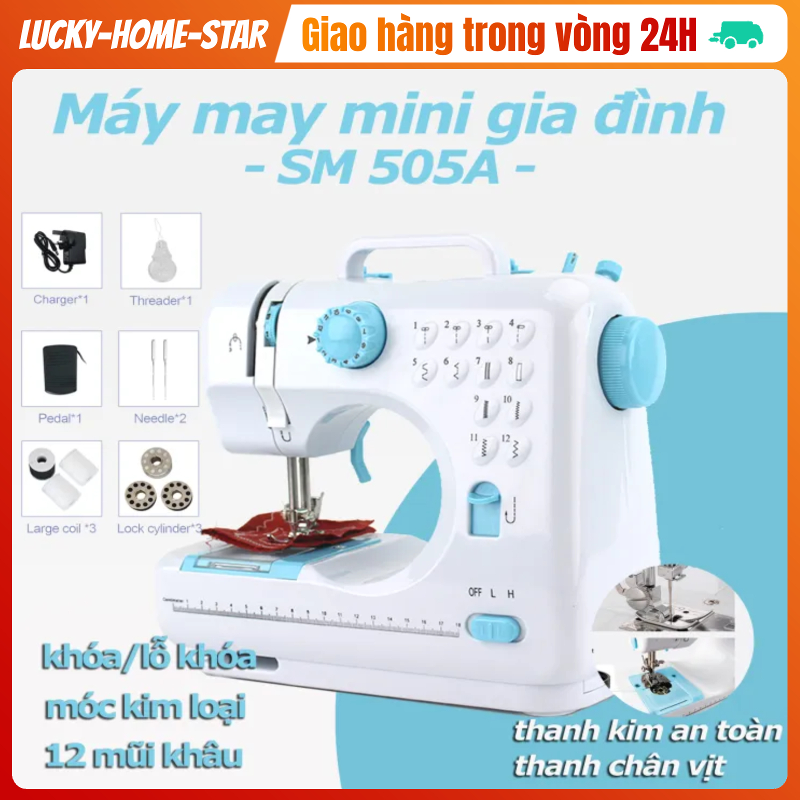 Máy may chạy điện, máy may mini gia đình 505a 12 kiểu may, hoạt động êm ái dễ dàng, máy may để bàn , có vắt sổ