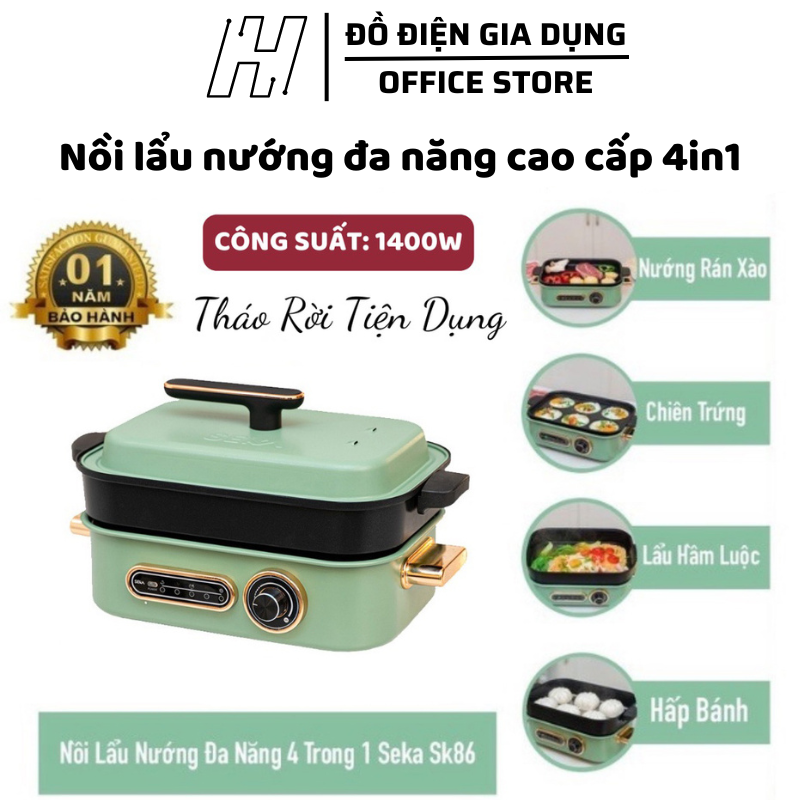 Nồi Lẩu Nướng Đa Năng Cao Cấp 4 IN 1, Nồi Điện Đa Năng SEKA SK86 Có 4 Khay Nấu Nướng Chiên Xào Hấp - Tháo Rời Vệ Sinh Dễ