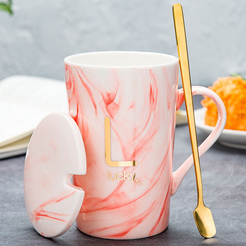Ly cốc sứ cao cấp có nắp VÂN ĐÁ Lucky cực đẹp