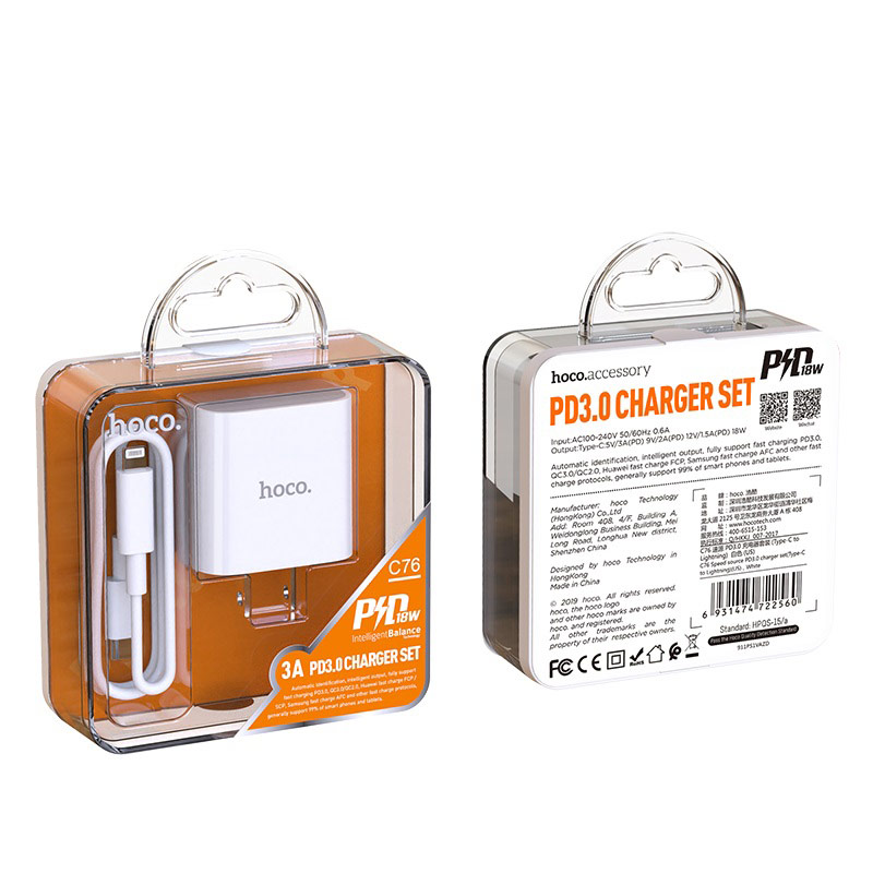 Bộ Củ Sạc Hoco C76 -  Kèm Cáp Sạc  Type C sang Lightning