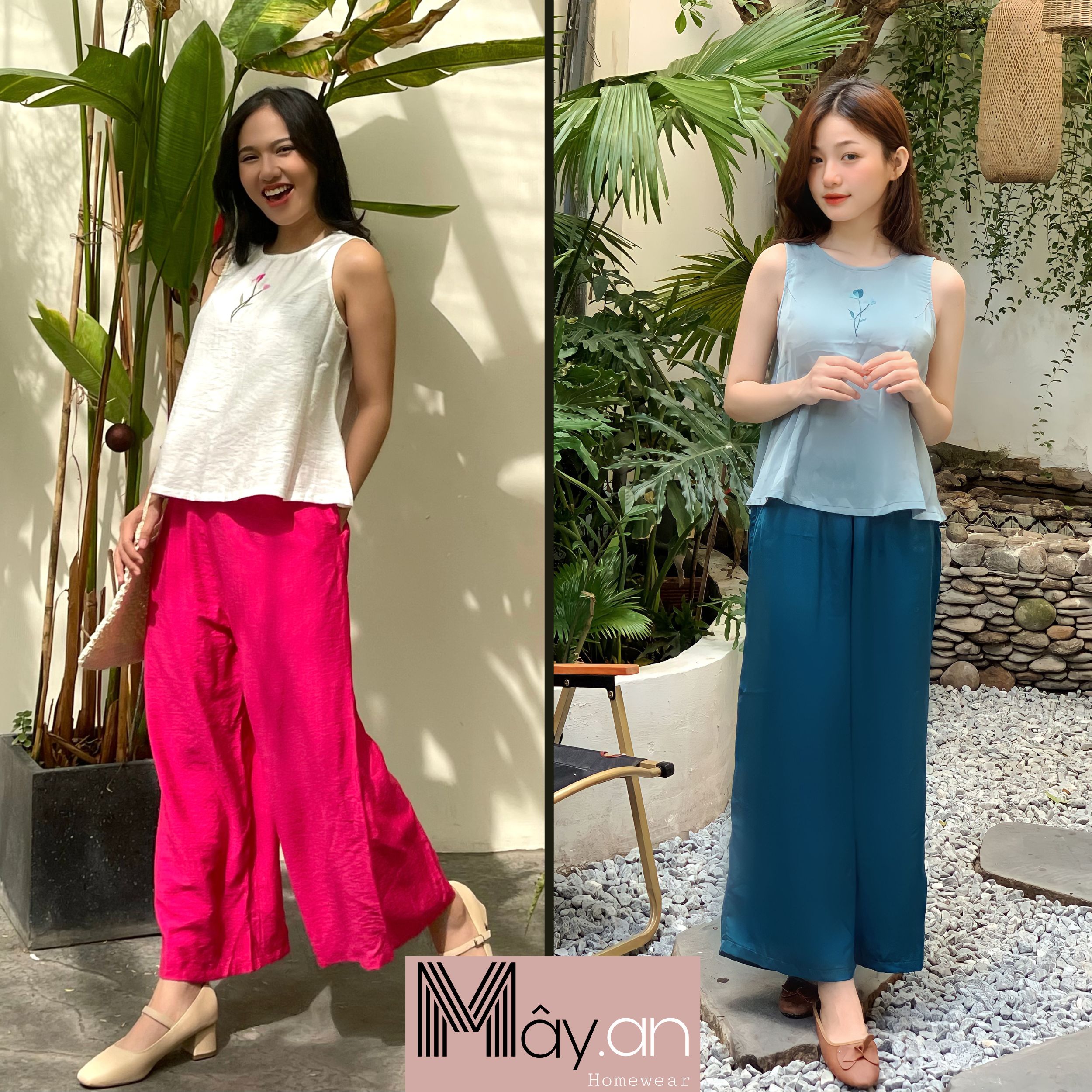 Đồ mặc nhà MÂY áo sát nách họa tiết thêu tay quần dài lụa tằm nhăn