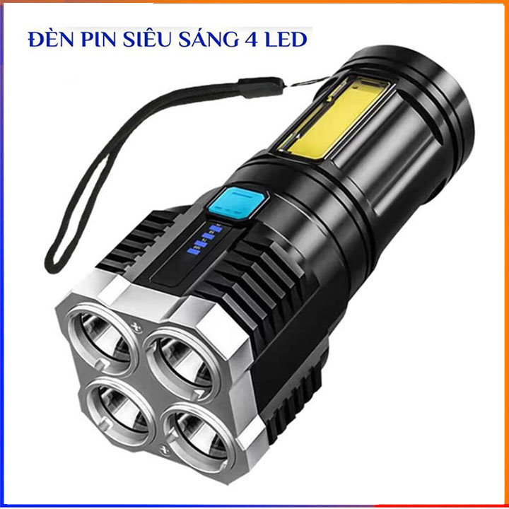 Đèn pin 4 bóng led chiếu xa 4 chế độ sáng, đèn pin mini cầm tay siêu sáng