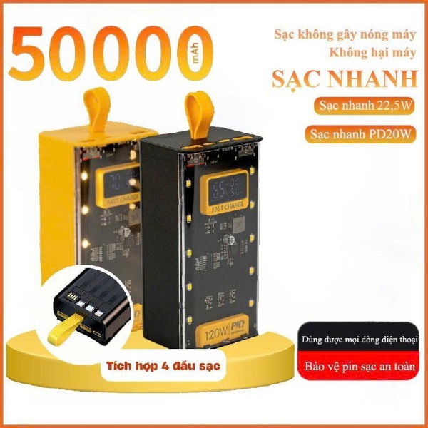 Pin Sạc Dự Phòng 50000MAH sạc nhanh PD22,5W/20W trong suốt tích hợp 4 dây sạc tích