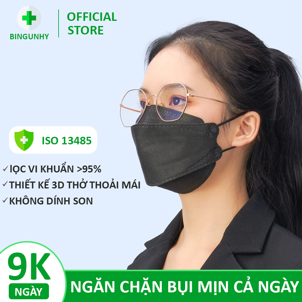 Khẩu trang y tế 3d mask 4 lớp màu đen BINGUNHY ngăn chặn vi khuẩn  95% dành cho người lớn từ 45-85 kg  có thể tái sử dụng 2-3 lần.