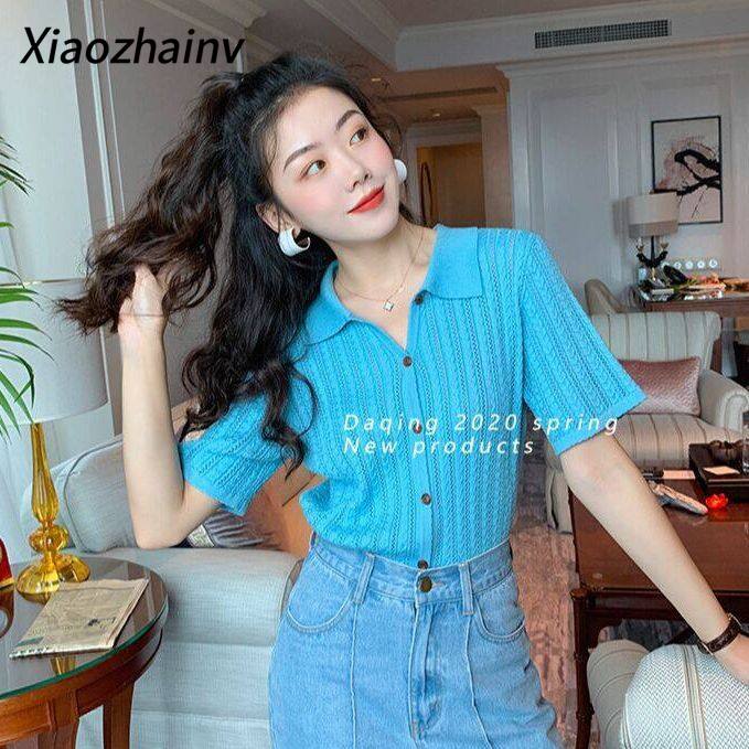 Xiaozhainv Áo Polo Nữ Áo Len Ngắn Tay Dệt Kim Dáng Rộng Màu Trơn Cổ Điển