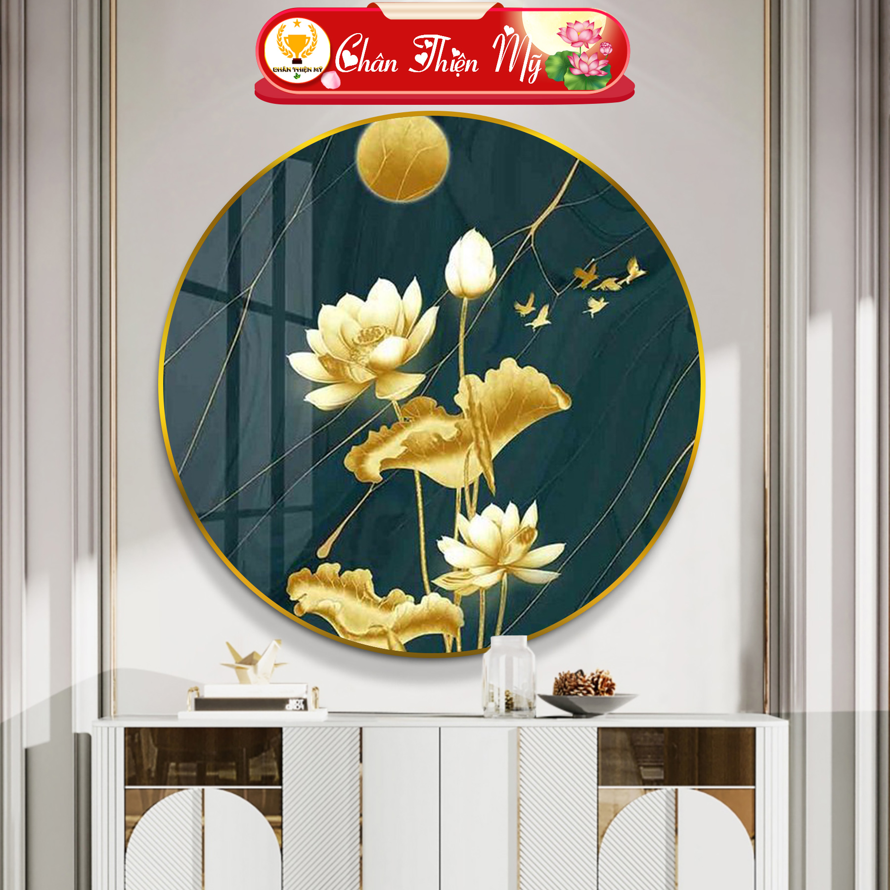 Tranh Tráng Gương Pha Lê Tròn CHÂN THIỆN MỸ, Tranh Decor Treo Tường Trang Trí Phòng Hoa Sen Vàng TG-
