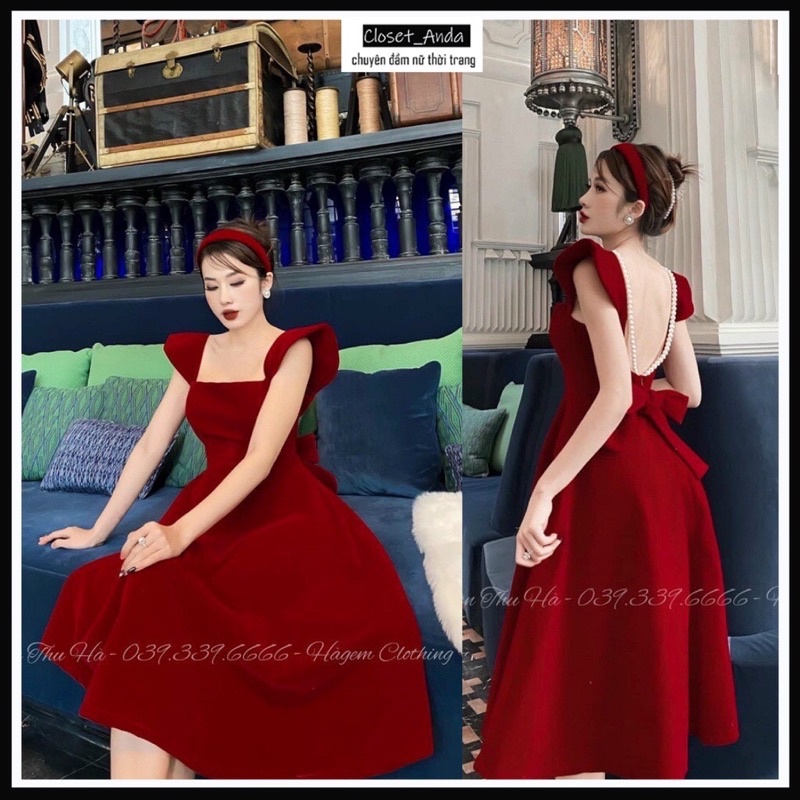Đầm nữ dáng xòe 2 dây sang trọng dự tiệc freeship đầm nhung đỏ tiểu thư hở lưng kèm nơ eo