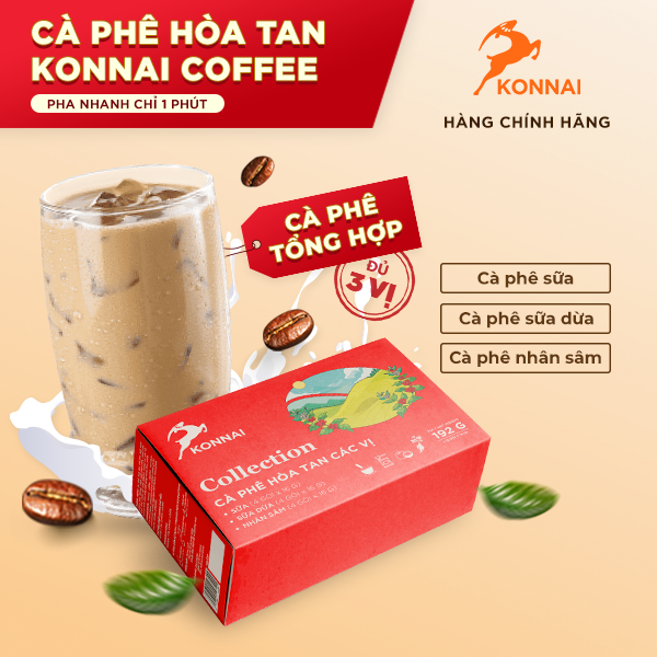 Cà phê hòa tan tổng hợp 3 loại sữa dừa , sữa , nhân sâm Konnai Collection hộp 12 gói
