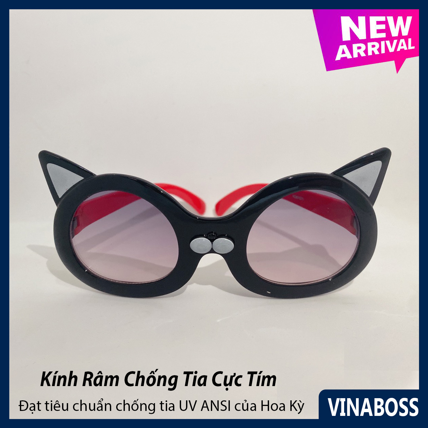 Kính mát cao cấp chống tia UV dành cho bé gái hình mèo siêu dễ thương VN61011 - Kính râm thời trang cho trẻ từ 2 tới 9 tuổi - Tặng kèm túi đựng kính + Khăn lau