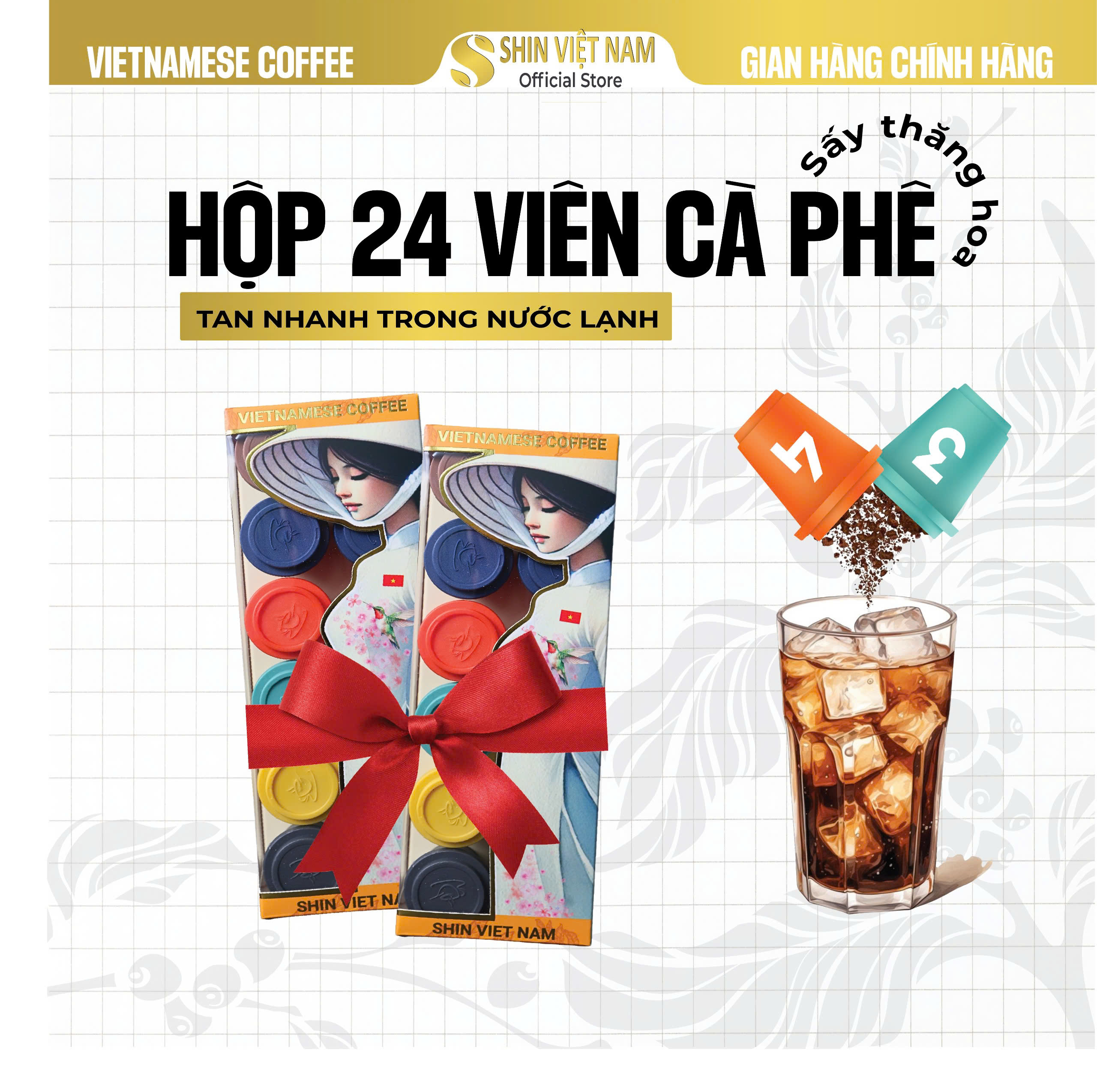 HỘP 24 viên Cà Phê Hòa Tan Sấy Lạnh SHIN VIỆT NAM, Full 6 cấp độ - Cà phê nguyên chất rang xay Đắk Lắk