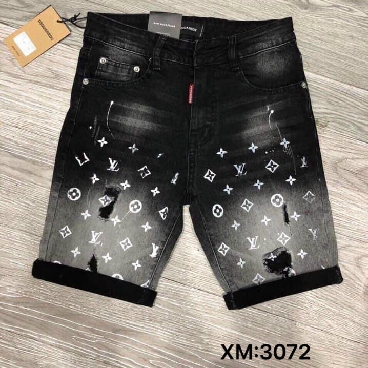 Quần short jean nam đen rách vnxk chất bò form chuẩn phối họa tiết LV cao cấp