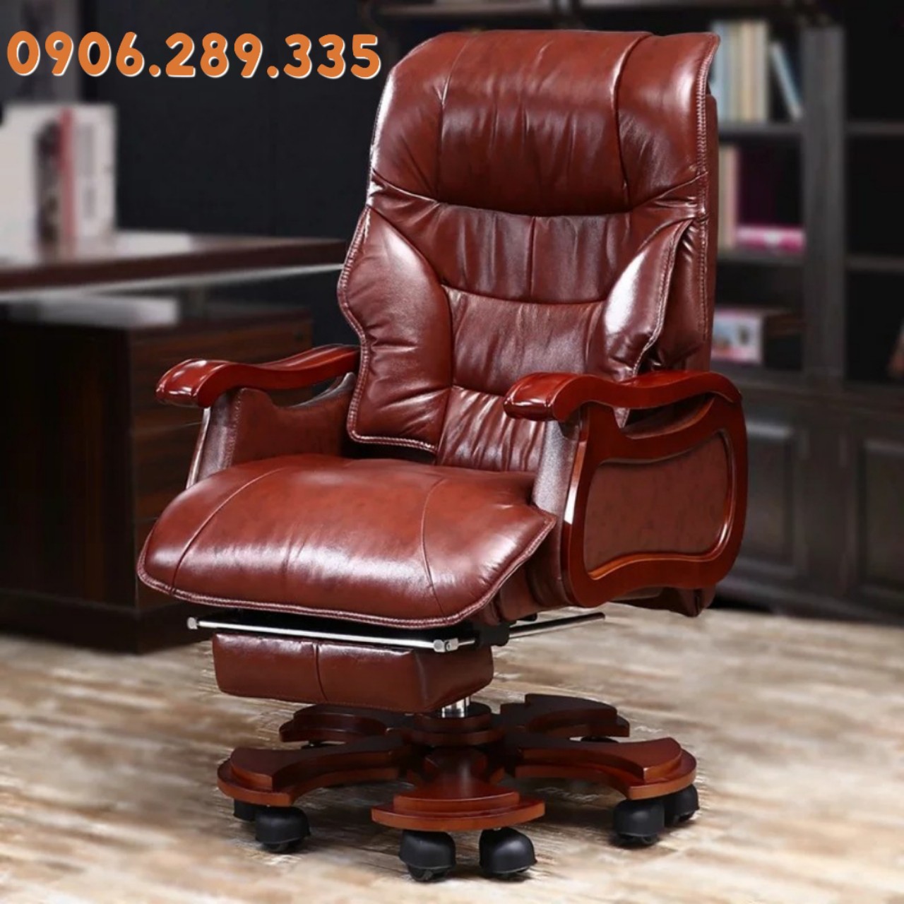 Ghế chủ tịch ✍ Da Pu cao cấp, tay gỗ tự nhiên sang trọng ✍ Ghế giám đôc có massage toàn thân - Ghế văn phòng xoay ngả lưng góc cao.
