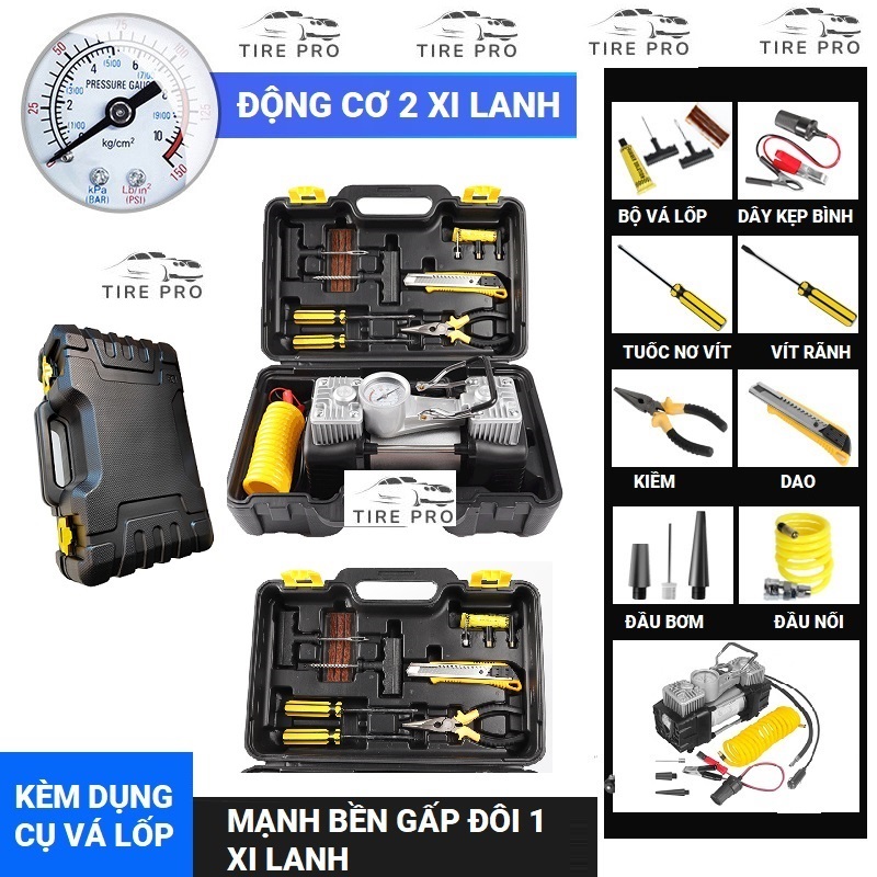 Bơm lốp ô tô loại mạnh 2 motor, 2 xi lanh đa chức năng, đo áp suất lốp loại mạnh, bơm điện ô tô, máy bơm xe hơi, bơm ô tô