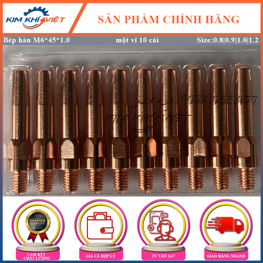 Combo 10 bép hàn mig M60.8|0.9|1.0|1.2 dùng cho máy hàn Mig Chất liệu bép bằng đồng chịu nhiệt chịu dòng cao thời gian hàn dài