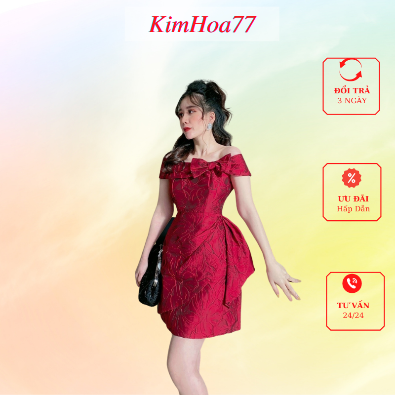Váy body đầm nữ dự tiệc freesize chất gấm trễ vai phối nơ kimhoa77