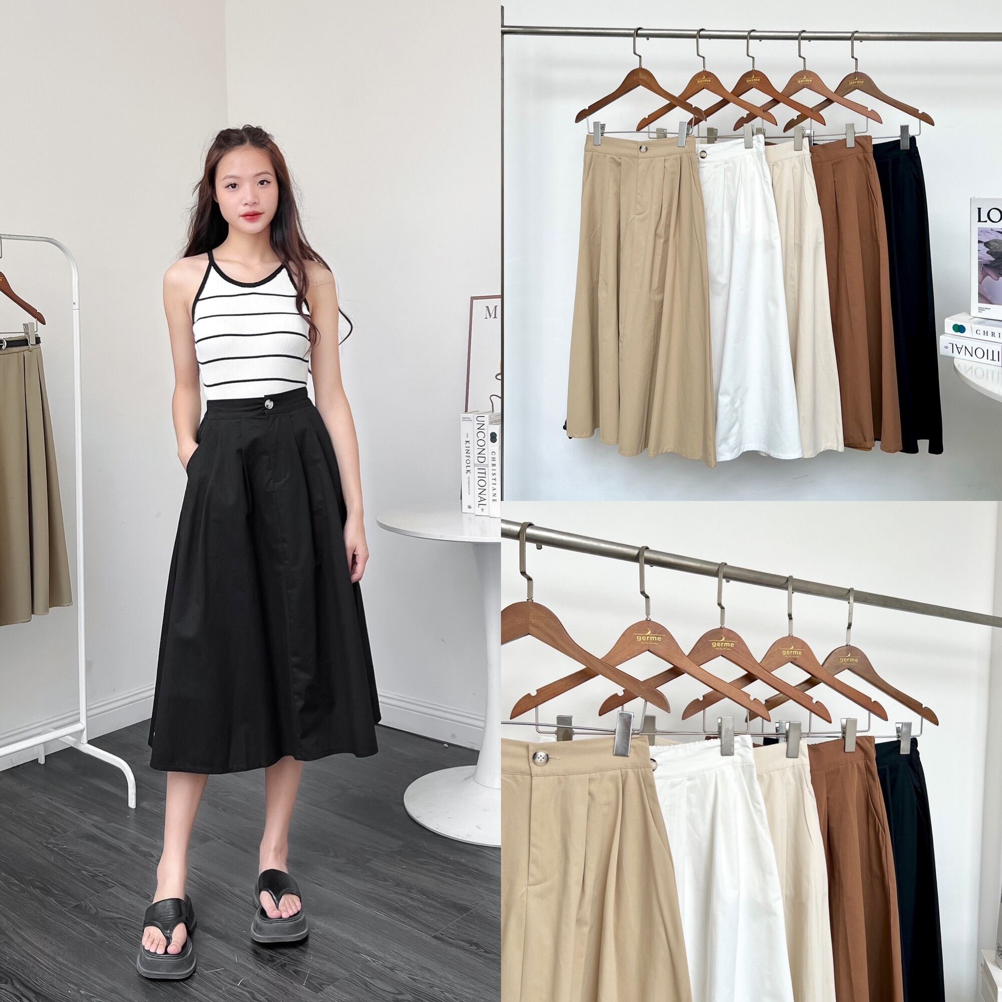 Chân váy nữ kaki dài xòe chun sau 2 túi xéo v238427 germe