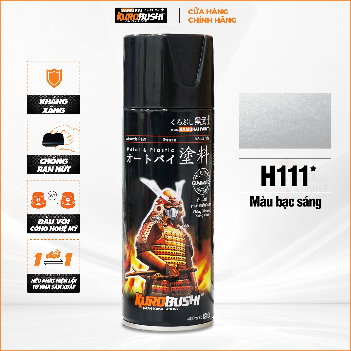 Sơn xịt samurai kurobushi - màu bạc sáng h111 chuyên dùng cho xe máy