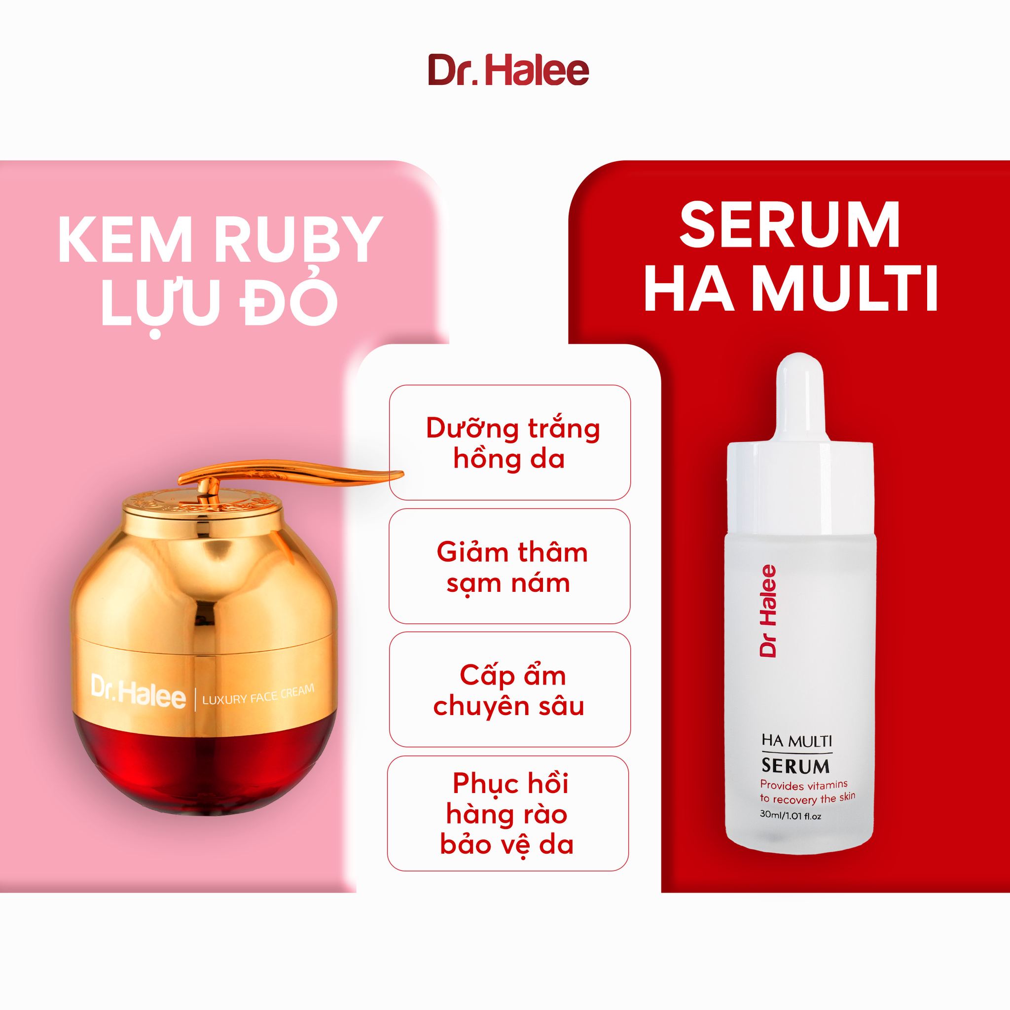 Combo kem ruby lựu đỏ ngày đêm & serum dưỡng trắng ha multi drhalee trắng hồng căng mướt