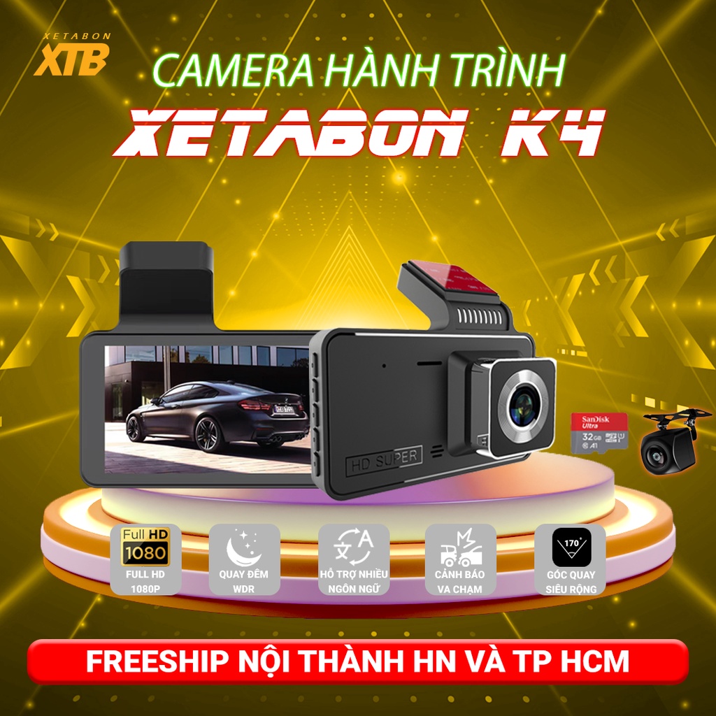 Camera Hành Trình Ô tô K4 XETABON Full HD - Quay Đêm Rõ Nét - Màn Hình 4 inch Cảm Ứng Ghi Hình Kép Full HD - Chống Rung - Góc Quay Siêu Rộng