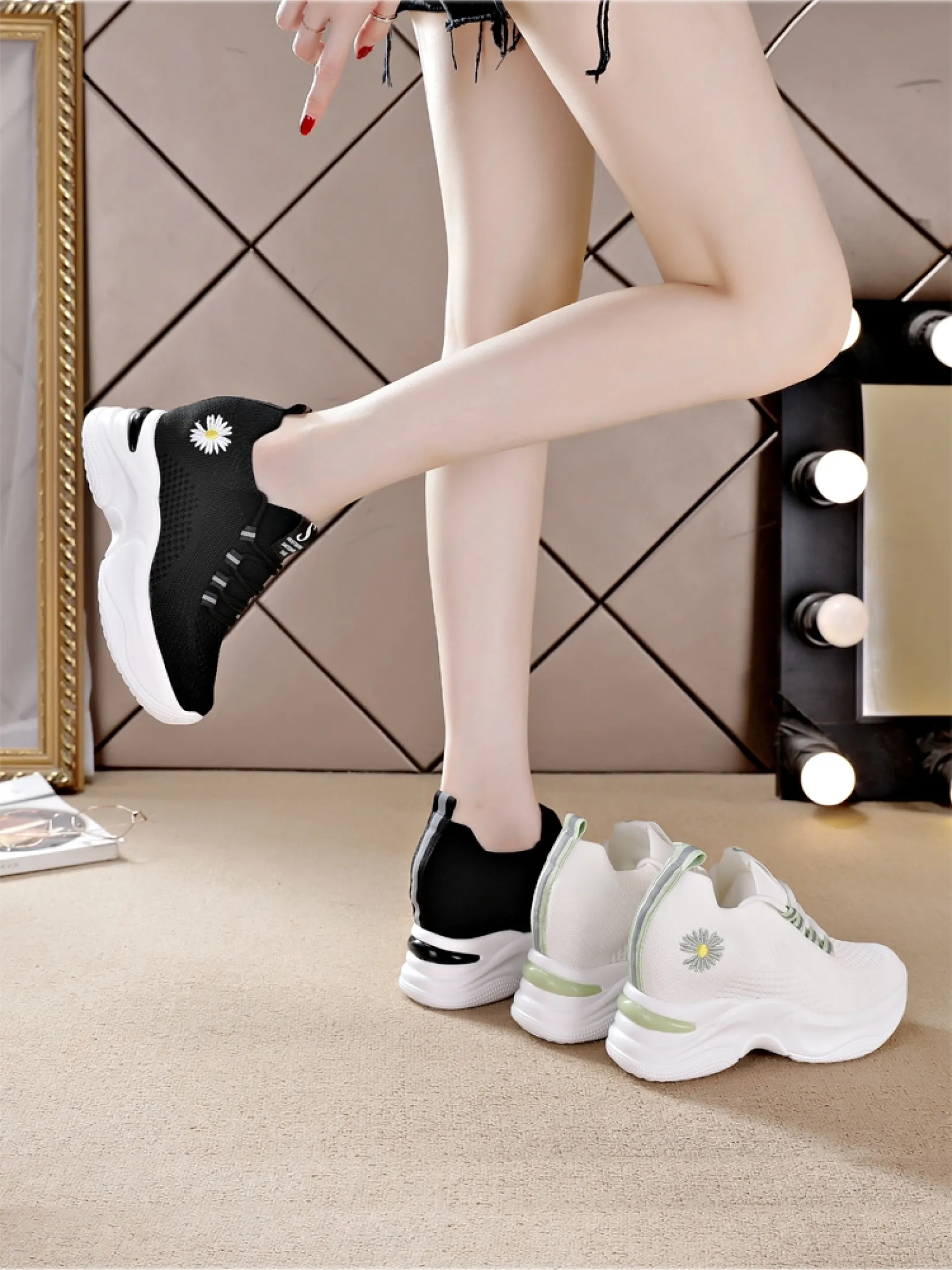 Giày độn đế nữ vải dệt thoáng khí cao 8cm Hoa Cúc Hot trend mới nhất 2021 ( Đen ,Trắng Hồng) 4