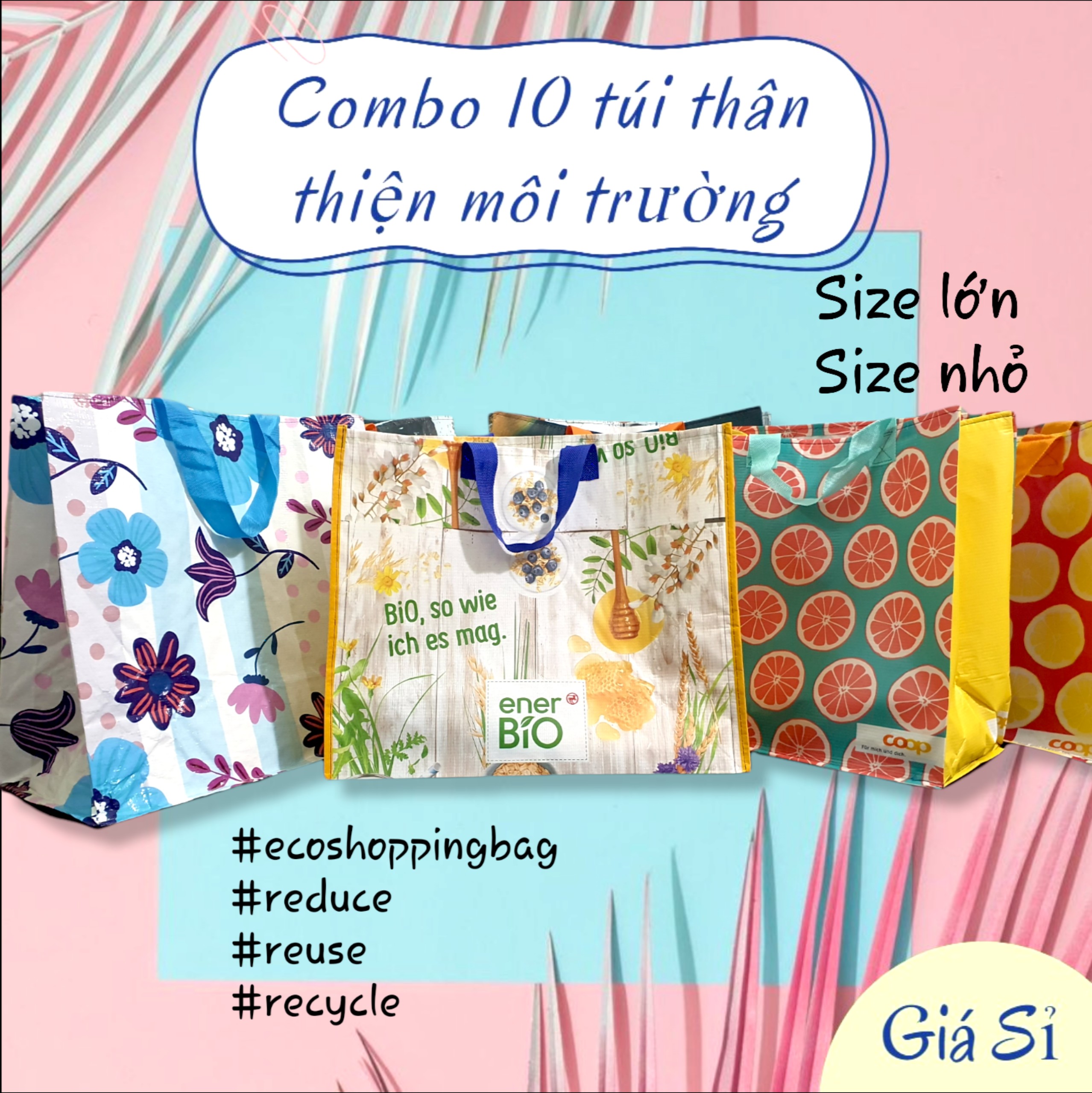 [HCM]COMBO 10 TÚI TÁI CHẾ THÂN THIỆN MÔI TRƯỜNG SIÊU RẺ SIÊU TIẾT KIỆM, LAU CHÙI ĐƯỢC KHÔNG THẤM NƯỚC, TÚI PP DỆT, TÚI SỬ DỤNG NHIỀU LẦN,  ECO SHOPPING BAG