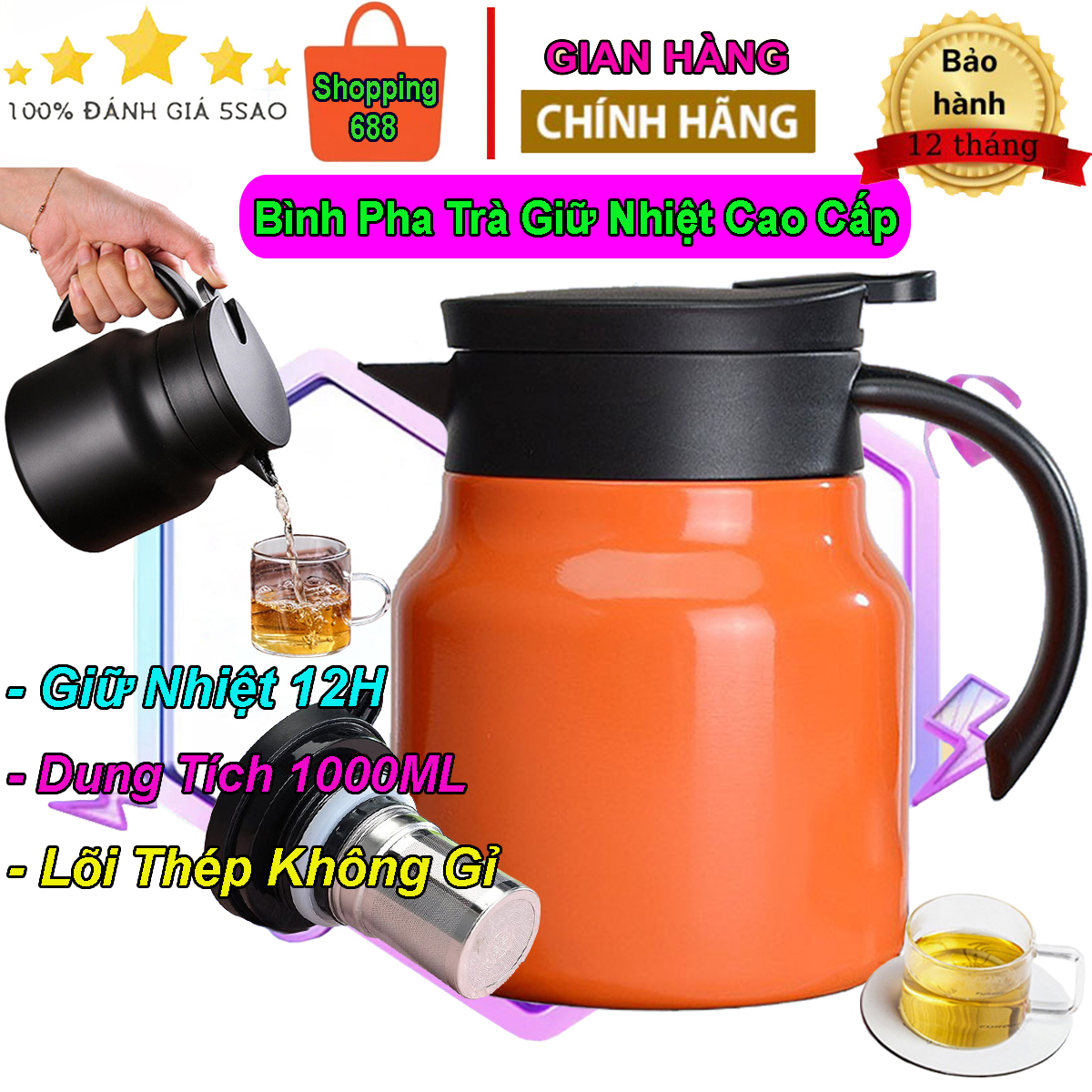 Bình pha trà giữ nhiệt có lõi lọc - Ấm pha trà giữ nhiệt inox 316 dung tích 1000ml, bình pha trà, có tay cầm tiện lợi, giữ nhiệt lâu, phích pha trà giữ nhiệt có lõi lọc, binh nước giữ nhiệt, ấm nước pha trà giữ nhiệt