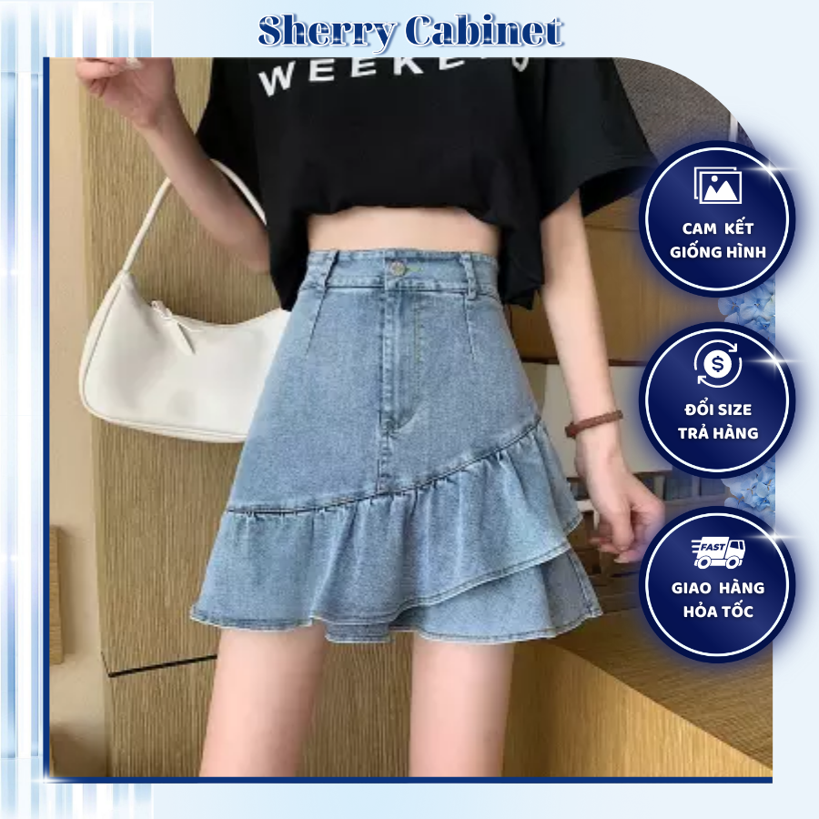 Chân Váy Bò Jeans Denim Lưng Cao Phối Đuôi Cá Bèo Nhún Phong Cách Cá Tính (Có ảnh thật)