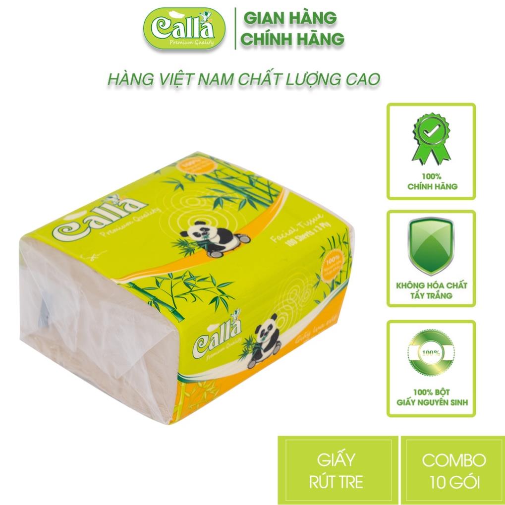 Combo 10 gói Giấy rút Tre Calla 3 lớp 100 tờ khổ 10cm mềm mịn, không tẩy trắng, nguyên liệu Indonesia