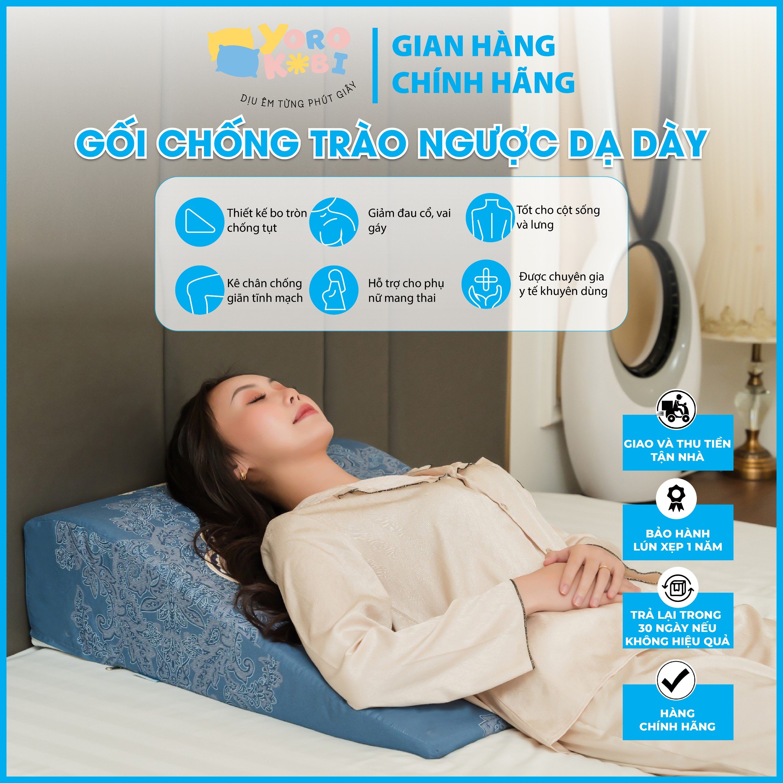 Gối chống trào ngược dạ dày người lớn Yorokobi Kích thước 70x60x18cm bo tròn đỉnh gối chống trơn tụt, chống ngáy - Chính Hãng