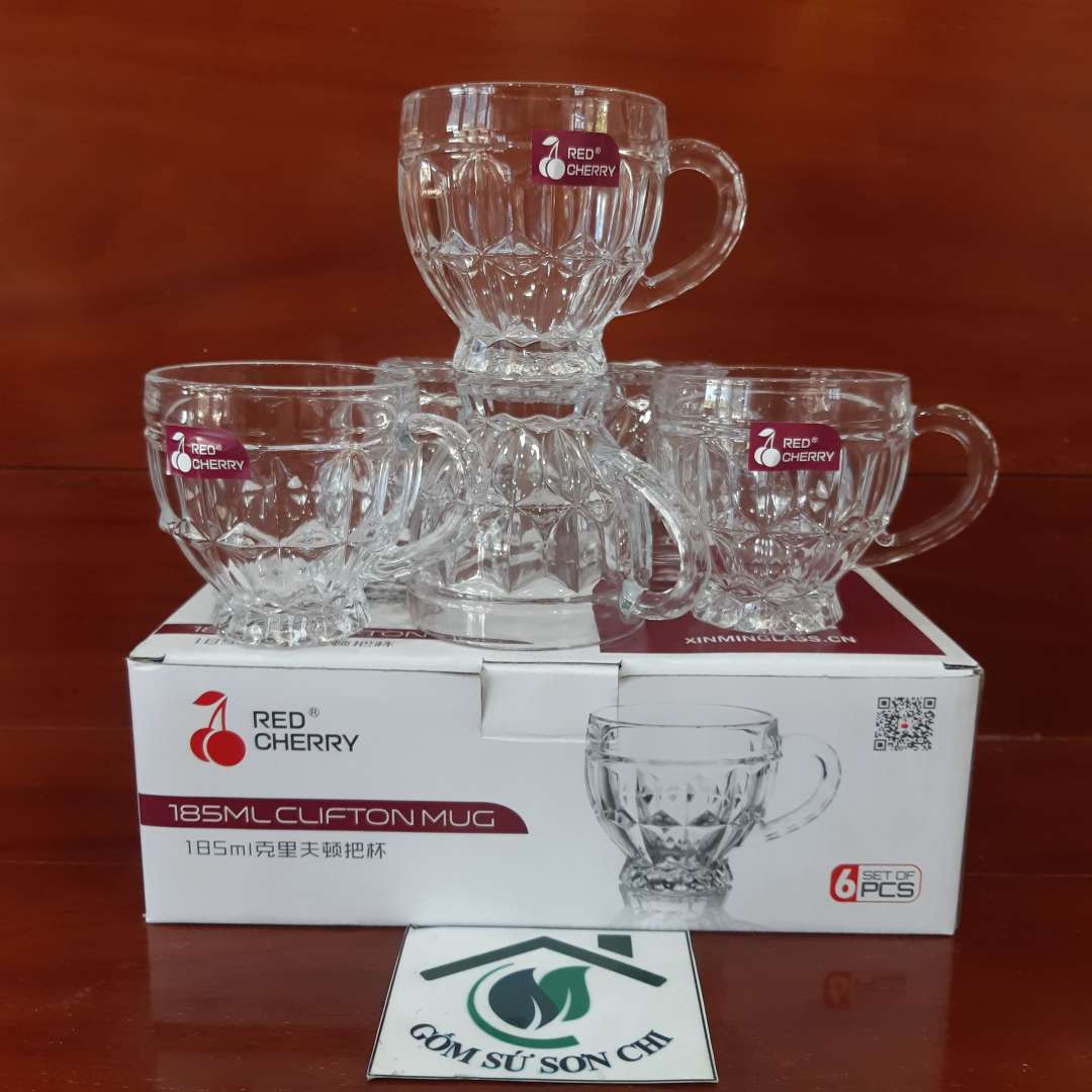 Bộ 6 ly thủy tinh uống nước có quai cầm ĐK 7.5cm- cao 8cm