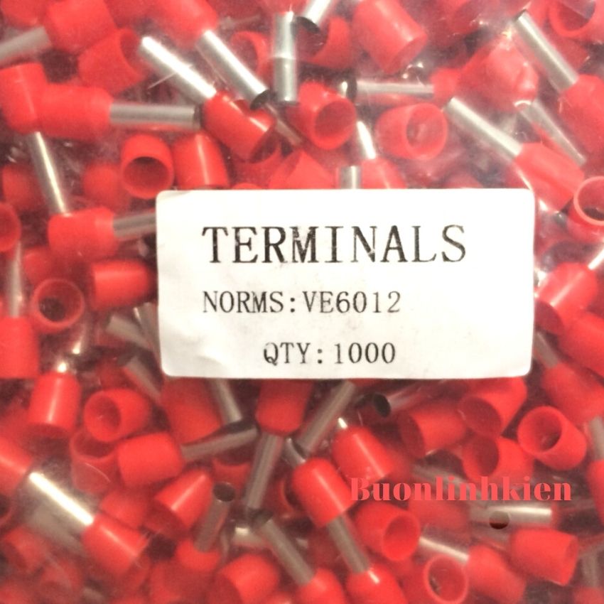 1000 Đầu cos pin rỗng E6012, đầu cốt kim rỗng bọc nhựa, đầu cos dây điện 6mm, cos kim