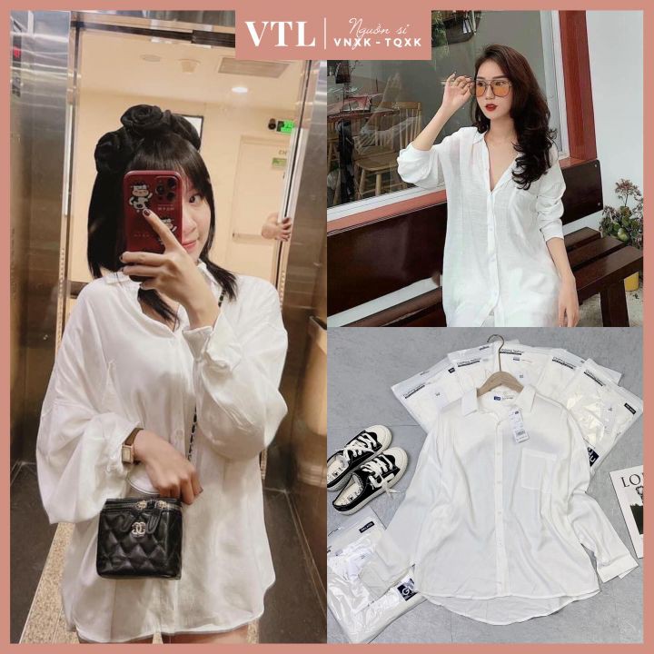 Sơ mi guu trắng oversize đũi form rộng